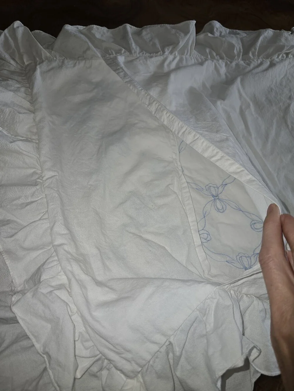 Vintage Hand Embroidered Light Blue Bow Pillow Shams, Set of 2, Fits Standard